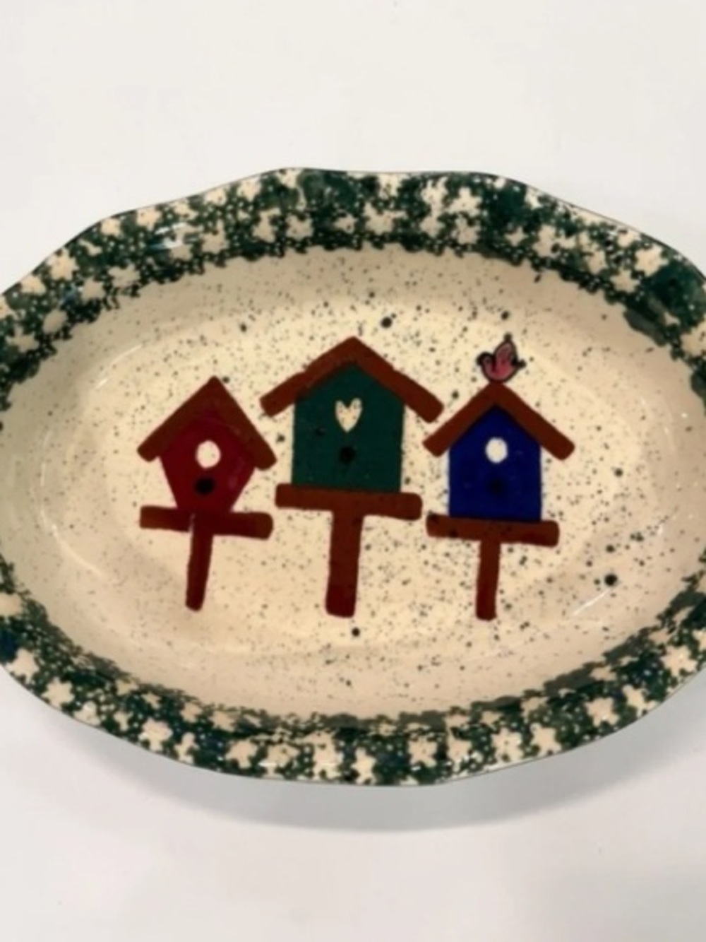 Hand-Painted Birdhouse Ceramic Platter - Green Rim
